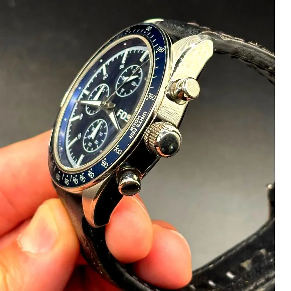 Fossil Field Scout BQ2065 Chronograph Blue Dial Black Leather Men’s 44mm Watch
